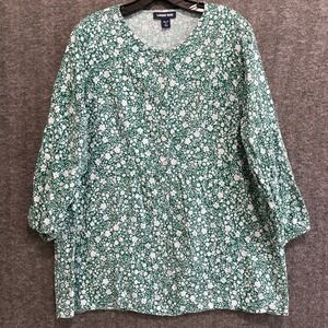 Lands End Tunic Top Womens XL TALL 18 Green Floral Cotton Blend Boho Cottagecore